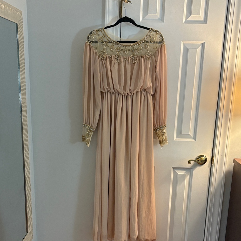 Chicwish Beige Long Sleeve Dress with Gold Accents